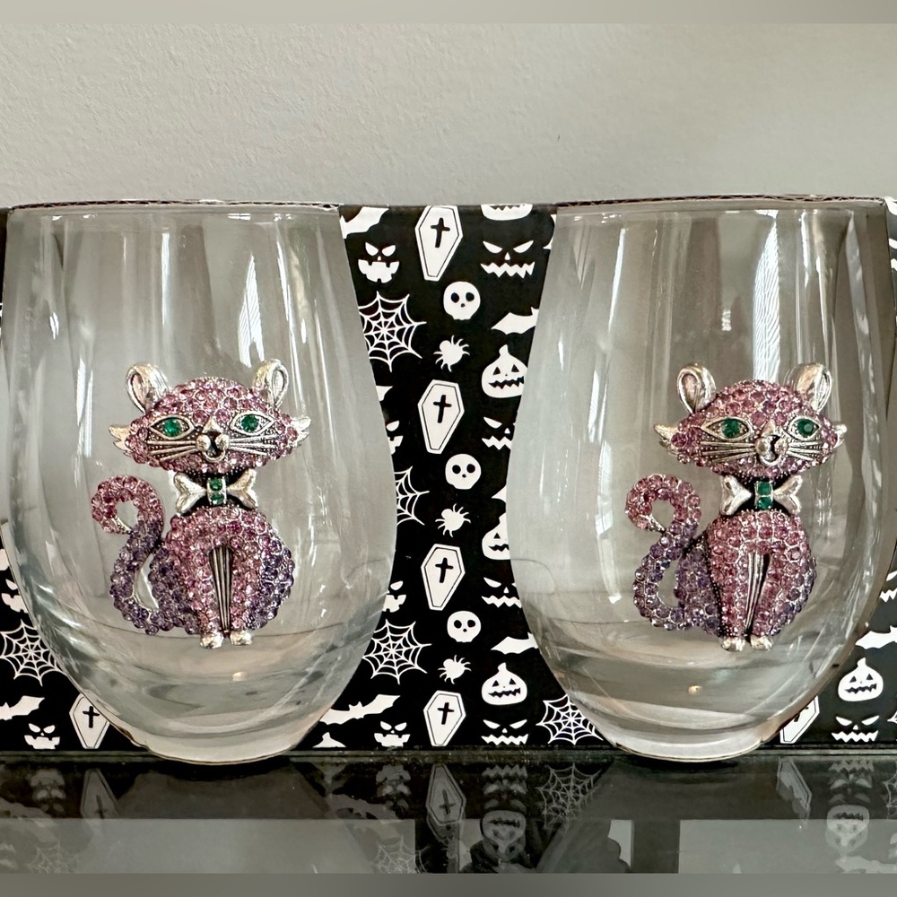 Stemless Wine Glasses - Set of 2 - Pink Purple Rhinestone Cat - NEW
